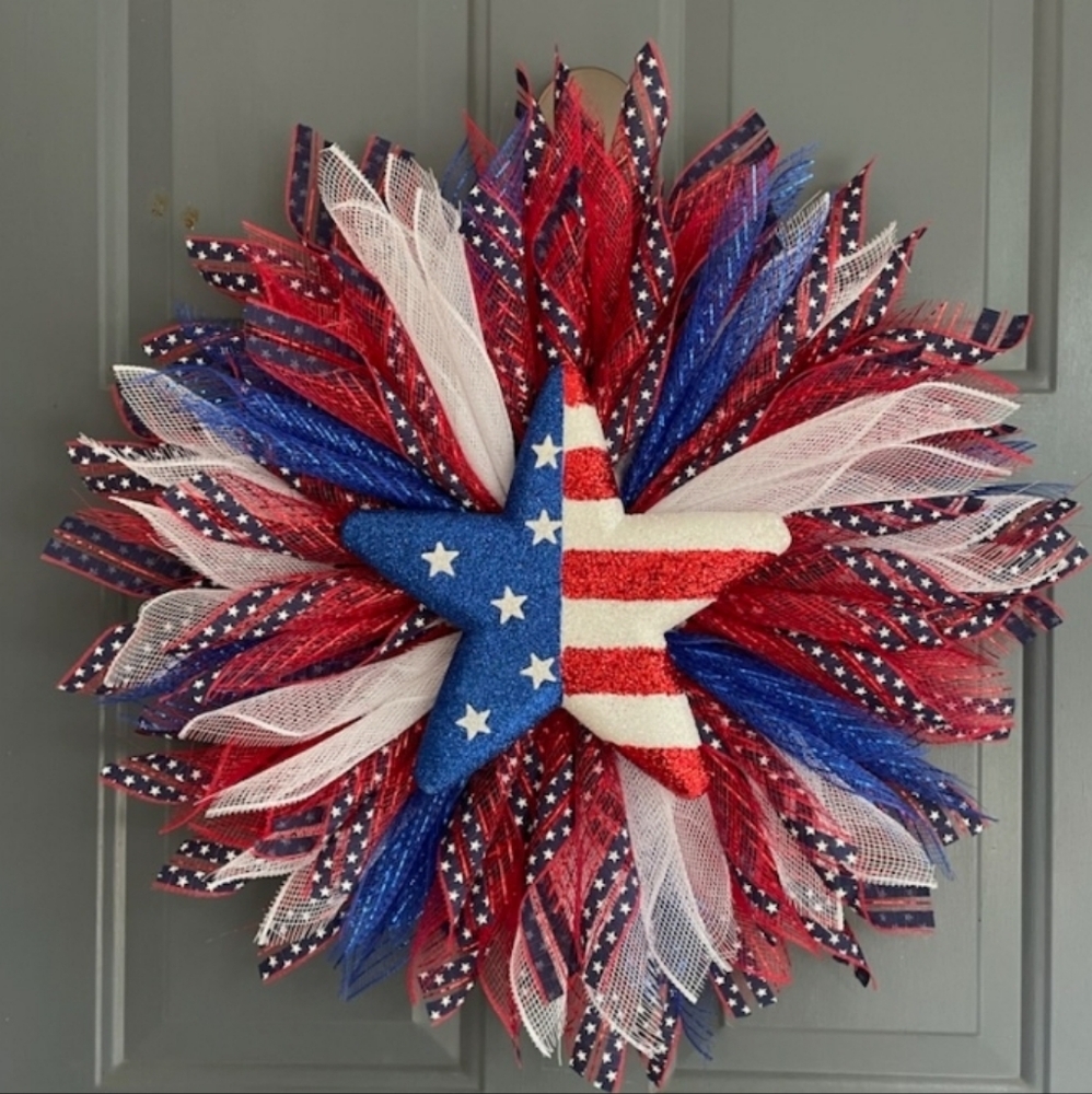 Handmade America Wreath Red White Blue Flag